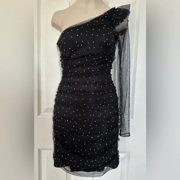 ZARA Dress One Shoulder Black Rhinestone Size XS • BLOGGER FAVORITE • - Picture 12 of 17